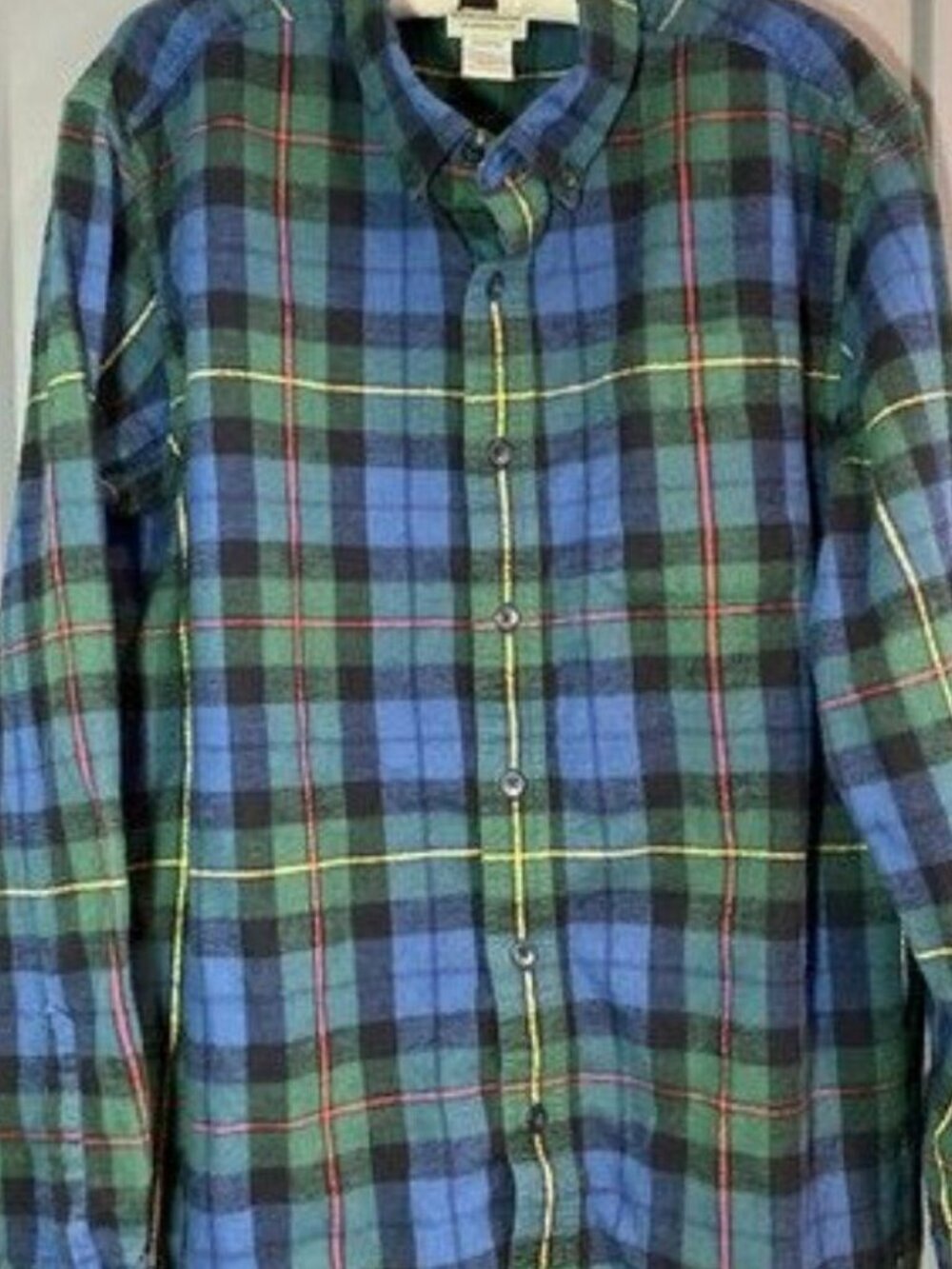 LL Bean Shirt Men Green Blue Traditional Fit 228061 Plaid Button Up Shirt Size L